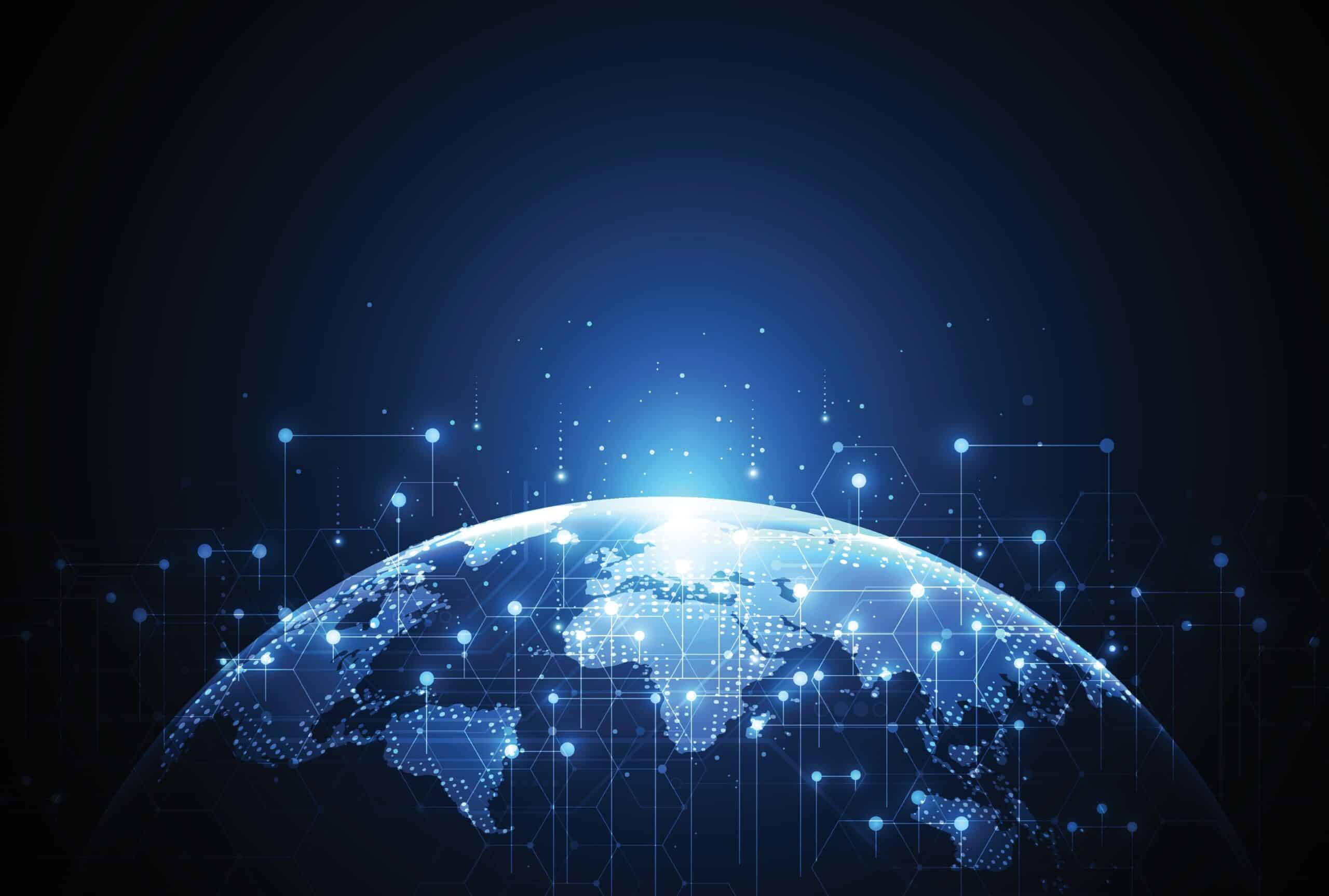 A glowing digital illustration of Earth viewed from space, with blue network lines and nodes connecting across continents, symbolizing global communication and technology.