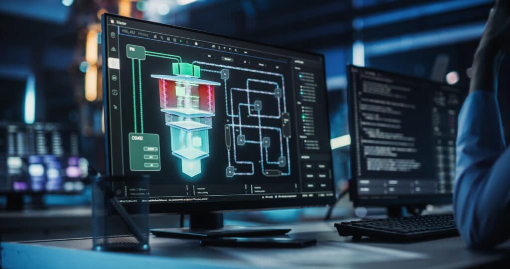 A computer monitor displays a colorful, layered 3D diagram of a technical system alongside flowcharts in a dimly lit, modern office with another screen showing code.