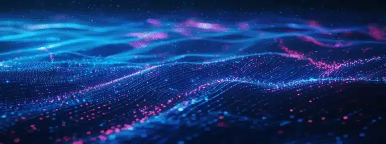 A digital landscape of glowing blue and pink dots forming wavy, grid-like patterns, resembling a futuristic data visualization or an abstract, illuminated terrain.