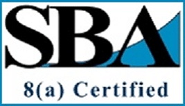 Logo with large black text SBA and a blue accent. Below, smaller text reads 8(a) Certified. The image is framed by a thin blue border.