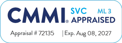 CMMI SVC ML 3 appraised badge with appraisal number 72135 and expiration date August 8, 2027.