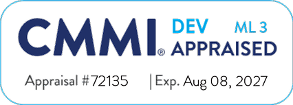 CMMI DEV ML 3 appraised badge with Appraisal #72135 and expiration date August 8, 2027.
