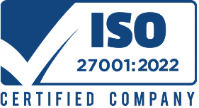 Blue and white logo with a checkmark and text reading ISO 27001:2022 Certified Company, indicating compliance with the ISO 27001:2022 information security standard.