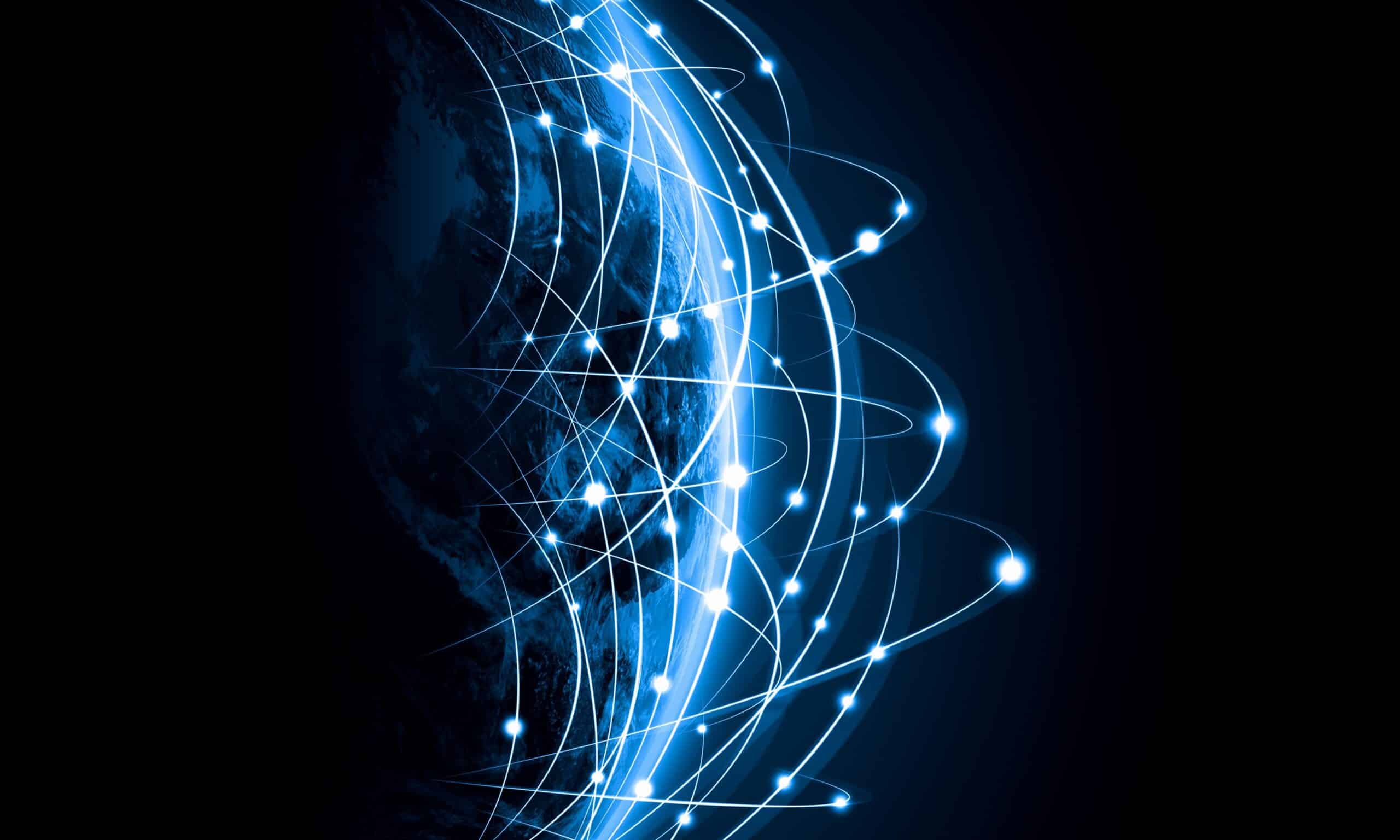A digital illustration of Earth viewed from space, with glowing blue lines and dots connecting points around the planet, symbolizing global communication and connectivity on a dark background.