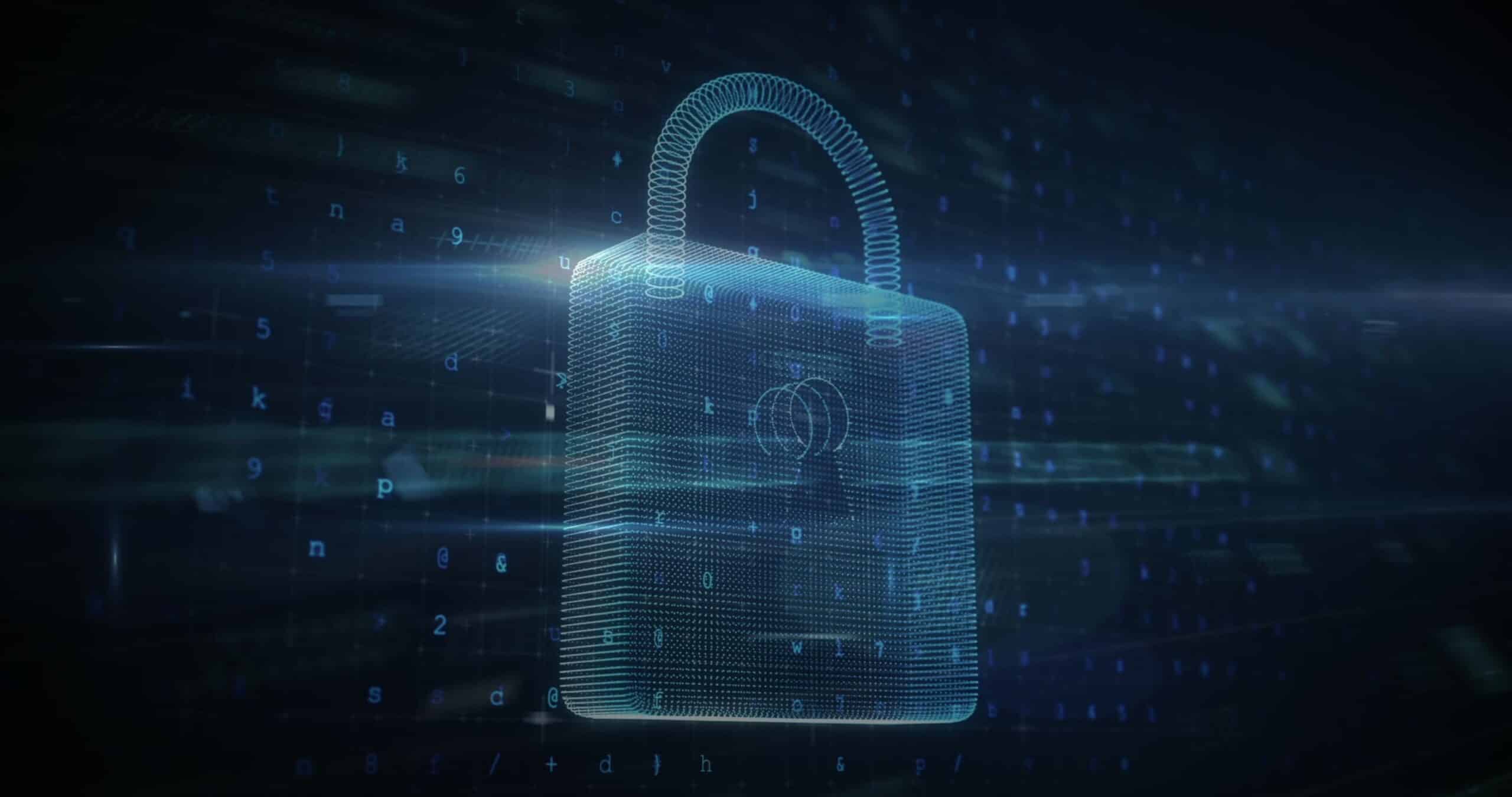 A glowing digital padlock floats in a dark, futuristic space with binary code and numbers in the background, symbolizing cybersecurity and data protection.