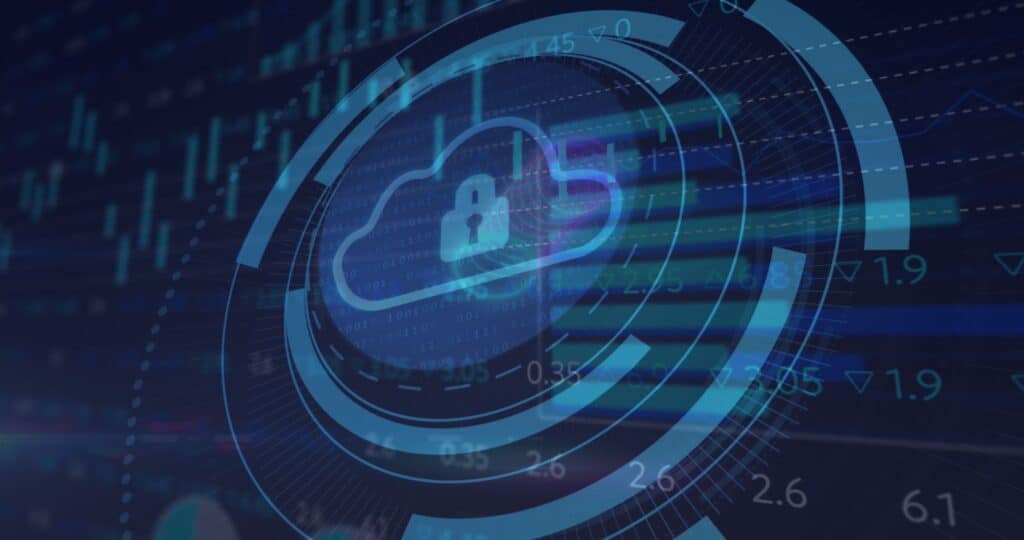 A digital illustration of a cloud icon with a padlock in the center, symbolizing cloud security, overlaid with abstract blue lines, data charts, and circular technology elements.