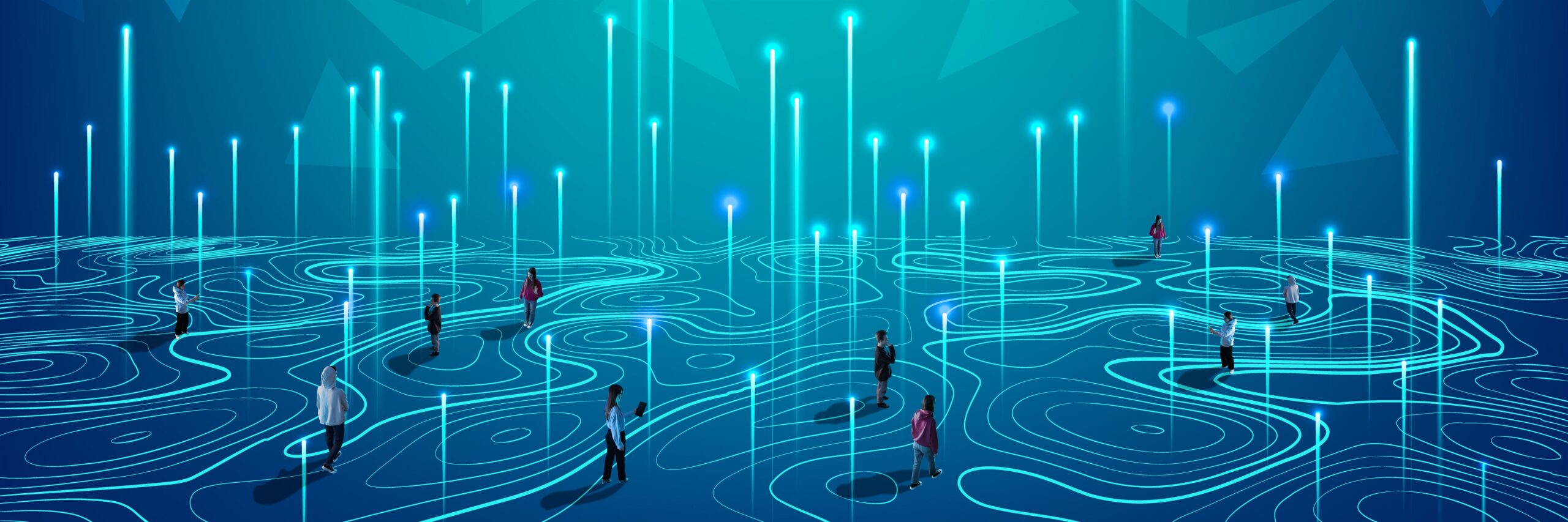 Illustration of people standing on a digital landscape with glowing lines and points, representing data networks or connections, on a blue background with abstract geometric shapes.