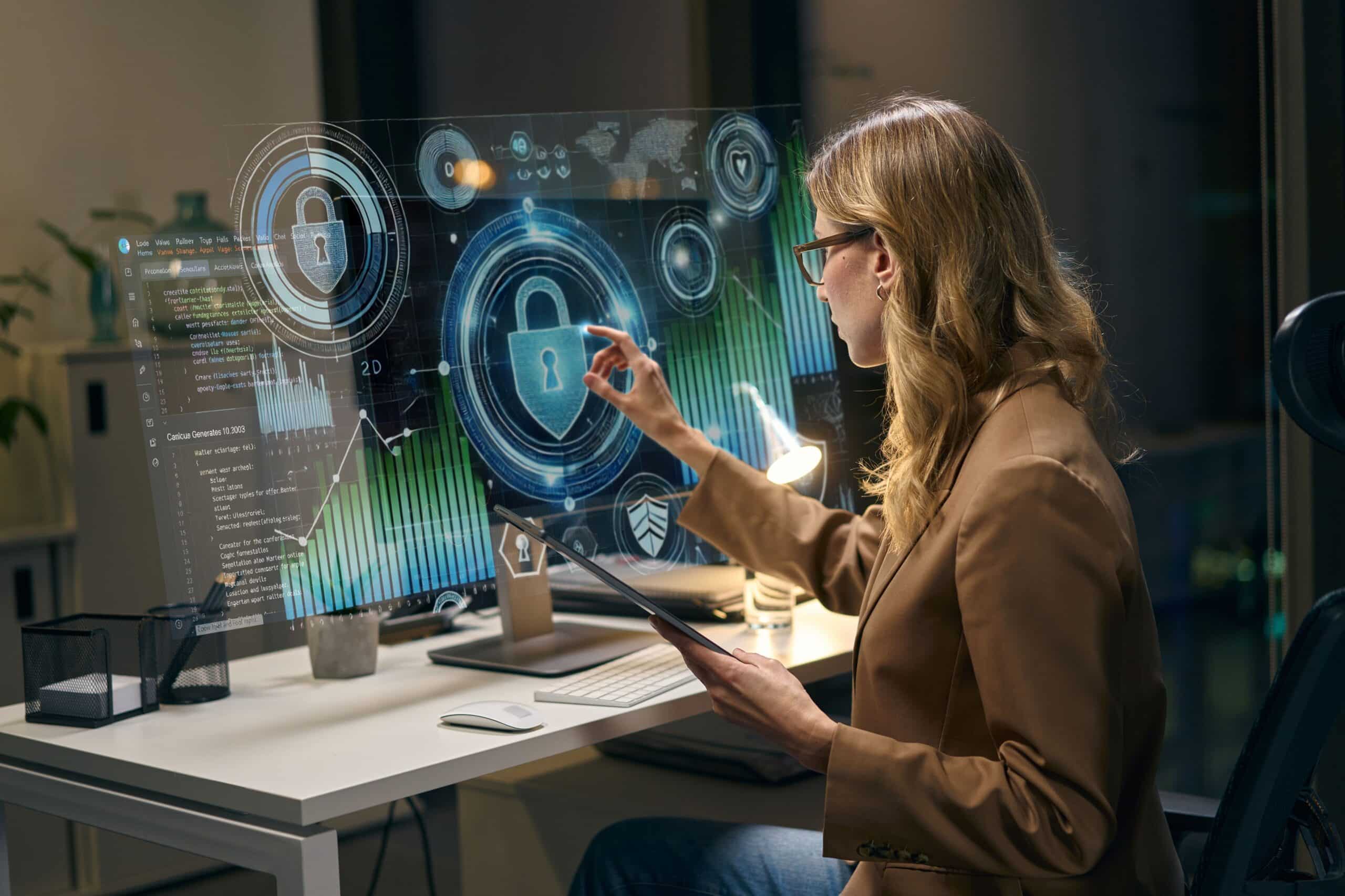 A woman in an office sits at a desk using a futuristic transparent touchscreen displaying digital security icons, such as padlocks and graphs, while holding a tablet and interacting with data visualizations.