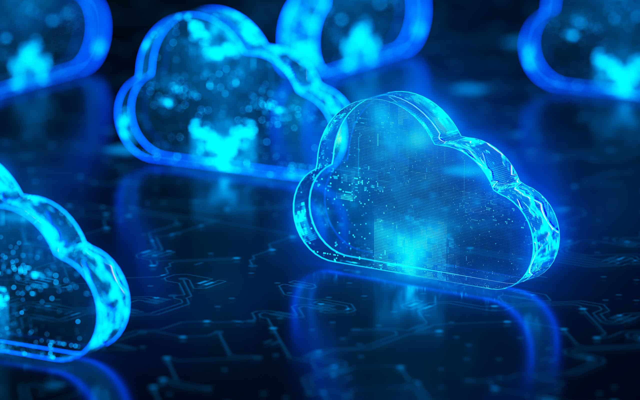 A digital illustration of glowing blue cloud icons with circuitry patterns, symbolizing cloud computing and data storage, on a dark background.