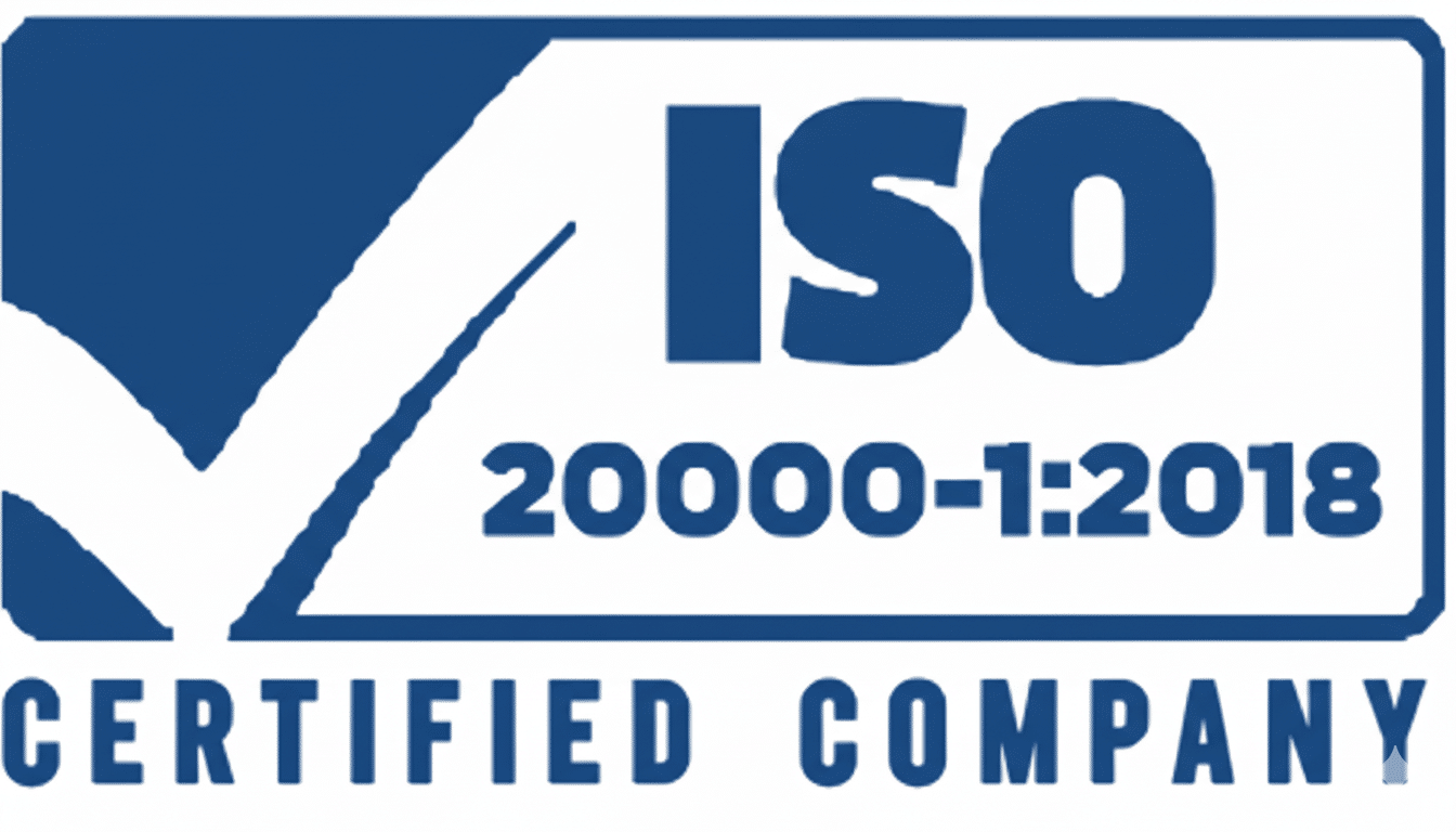 Blue and white logo with a checkmark and the text ISO 20000-1:2018 CERTIFIED COMPANY, indicating certification to the ISO 20000-1:2018 IT service management standard.