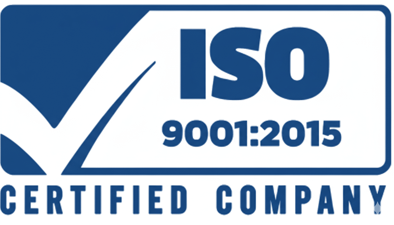 Blue and white logo with a large check mark and the text ISO 9001:2015 Certified Company.