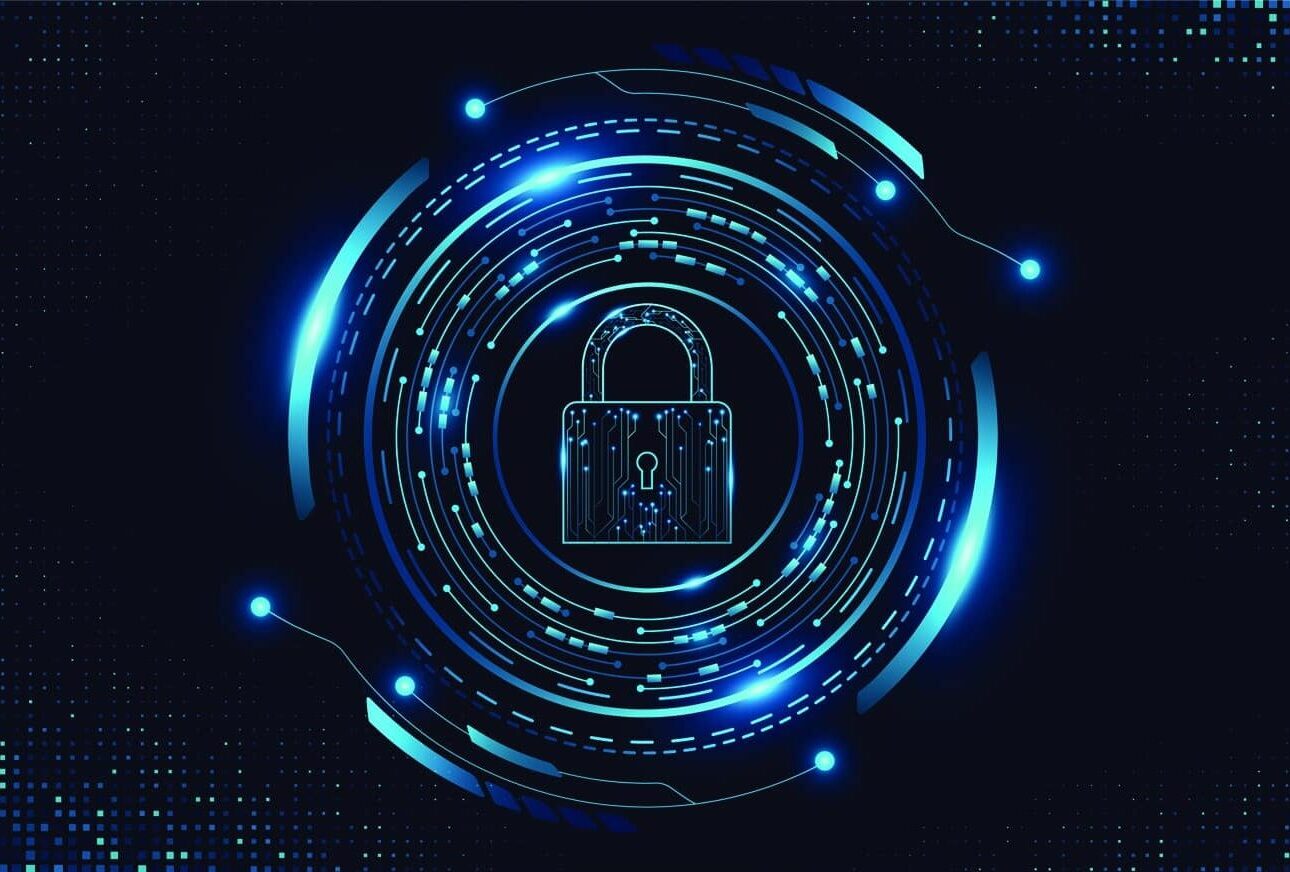 Cybersecurity background featuring a glowing digital lock icon with HUD circle and electronic elements around. Futuristic UI design for data encryption and information security. Vector illustration.